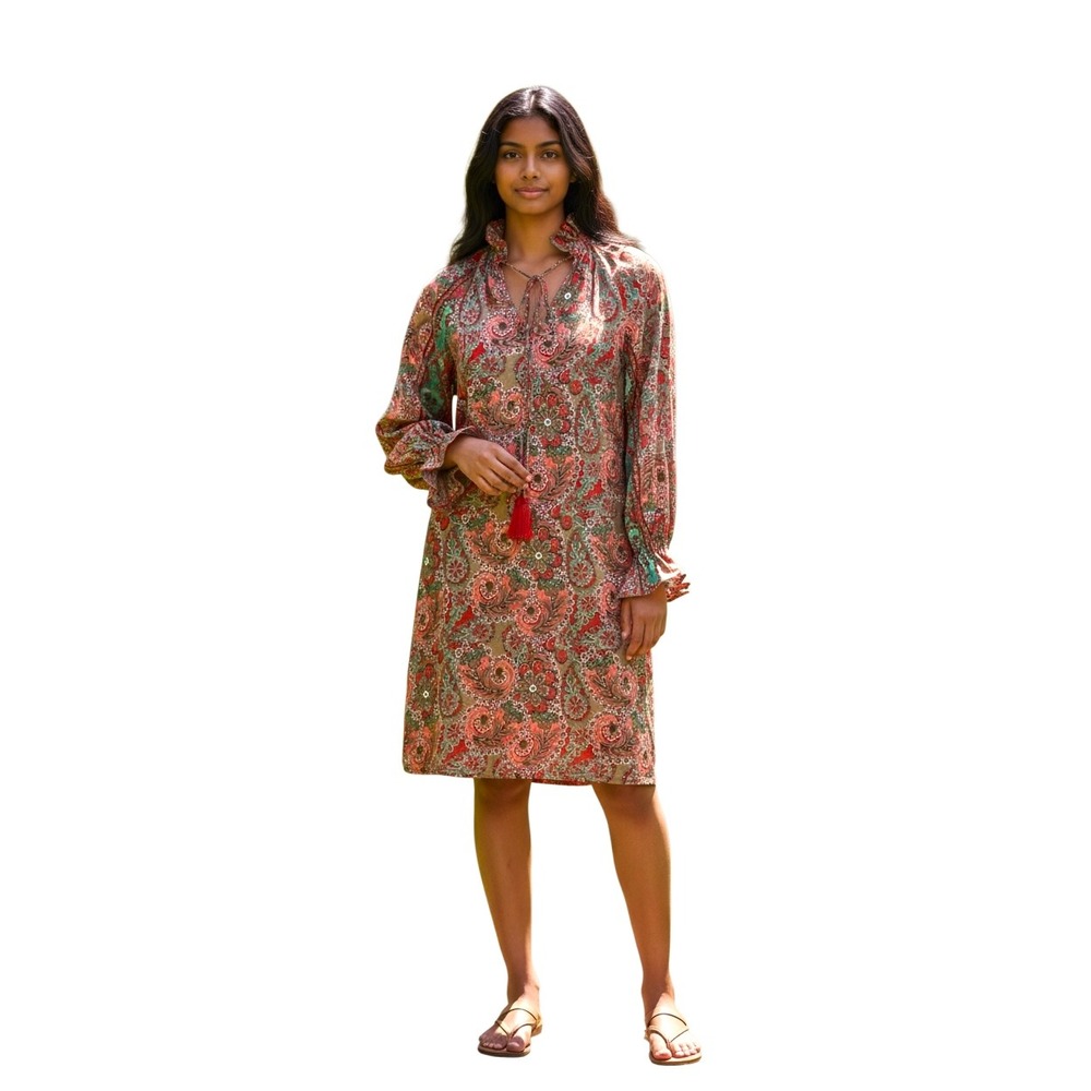 Paani Womens Red Teal Paisley Boho Ruffle Neck Tassel Shift Dress‎ Size S India